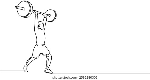 Continuous one line drawing of a weightlifter lifting a heavy barbell. Representation of discipline, power, and competitive fitness. Vector illustration hand drawn.