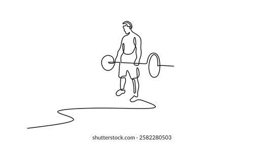 Continuous one line drawing of a weightlifter lifting a heavy barbell. Symbol of discipline, effort, and peak performance. Vector illustration hand drawn.