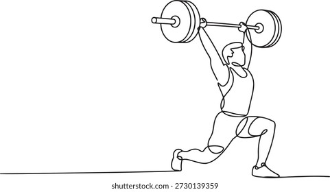 Continuous one line drawing of weightlifter doing a lunge with barbell overhead. Strong athlete lifting weights. Powerlifting. Bodybuilding. Fitness. Exercise. Gym workout. Strength training. Black outline on transparent background.
