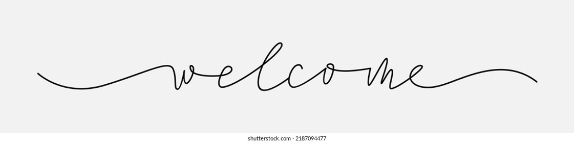 Continuous one line drawing of Welcome hand lettering - Vector icon isolated on white 