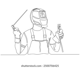 Continuous one line drawing of welder using welding machine. One line drawing illustration of welder holding welding. Contruction project concept vector. Editable outline