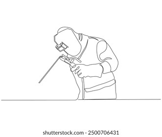 Continuous one line drawing of welder using welding machine. One line drawing illustration of welder holding welding. Contruction project concept vector. Editable outline