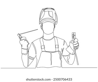 Continuous one line drawing of welder using welding machine. One line drawing illustration of welder holding welding. Contruction project concept vector. Editable outline