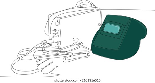 Dibujo continuo de una línea de una máscara de soldadura con guantes protectores de la máquina de soldadura y electrodos de acero de arco kit de soldadura usada para su diseño contorno mínimo. Ilustración del vector