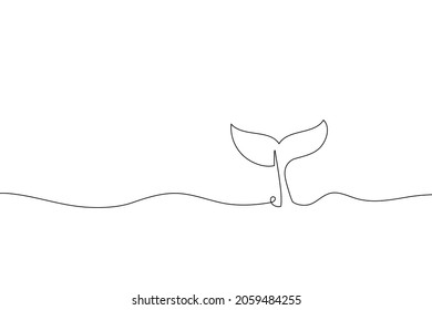 Continuous one line drawing whale. Abstract hand drawn whale tail with ocean by one line. Minimalist black line sketch on white. Fashionable trend vector World Whale Day illustration with copy space