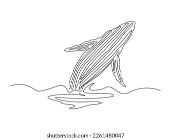 Continuous one line drawing of whale jumping. Simple illustration of humpback whale line art vector illustration