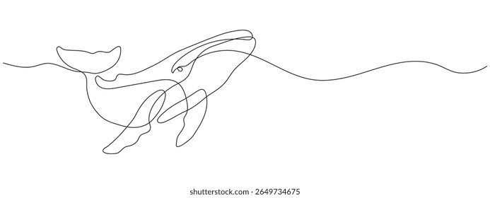 Continuous one line drawing of a whale. Minimalist humpback whale illustration in linear style. Hand drawn vector outline of ocean animal. Simple marine life line art.
