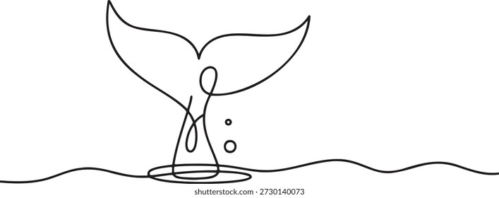 Continuous one line drawing of whale tail breaking the ocean surface. Marine life. Wildlife. Ocean animal. Nature. Sea. Water. Underwater. Environment. Conservation. Black outline on transparent background.