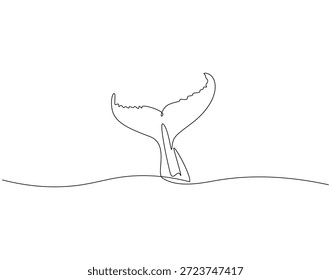Dibujo continuo de una línea de cola de ballena. Ilustración de dibujo de una línea de cola de ballena en el mar. Concepto de naturaleza oceánica de una sola línea. Esquema editable 