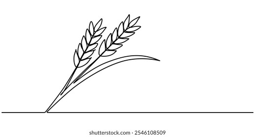 Um desenho contínuo de uma linha de trigo. Ilustração vetorial de contorno de cevada ou centeio, Uma linha contínua. Espigueta de trigo. Espigueta de uma planta de cereais. Ícone plano mínimo. Uma linha contínua em um branco.