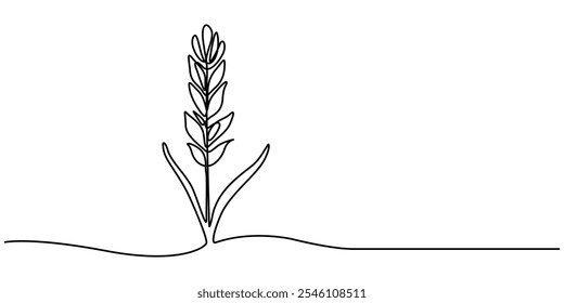 Um desenho contínuo de uma linha de trigo. Ilustração vetorial de contorno de cevada ou centeio, Uma linha contínua. Espigueta de trigo. Espigueta de uma planta de cereais. Ícone plano mínimo. Uma linha contínua em um branco.