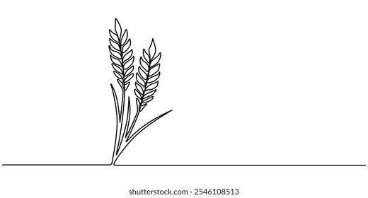 Continuous one line drawing of wheat. Barley or Rye outline vector illustration, One continuous line. Spikelet of wheat. Spikelet of a cereal plant. Flat minimal icon. One continuous line on a white.