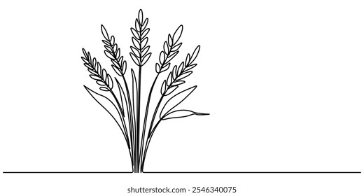 Continuous one line drawing of wheat. Barley or Rye outline vector illustration. One continuous line. Spikelet of wheat. Spikelet of a cereal plant. Flat minimal icon. One continuous line on a white.