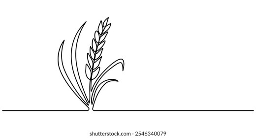 Continuous one line drawing of wheat. Barley or Rye outline vector illustration. One continuous line. Spikelet of wheat. Spikelet of a cereal plant. Flat minimal icon. One continuous line on a white.