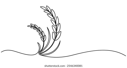 Um desenho contínuo de uma linha de trigo. Ilustração vetorial de contorno de cevada ou centeio. Uma linha contínua. Espigueta de trigo. Espigueta de uma planta de cereais. Ícone plano mínimo. Uma linha contínua em um branco.