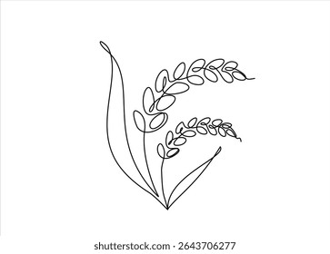 Um desenho contínuo de uma linha de trigo. Ilustração vetorial de contorno de cevada ou centeio. Vetor de uma linha desenhado à mão. Traçado editável