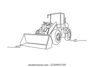 Kontinuierliche einzeilige Zeichnung Radlader Bauwagen, große Schaufel, schwere Reifen in minimalistischem Stil perfekt für Industrie-oder Standort-Themen. Vektorgrafik mit einfarbiger Zeichnung