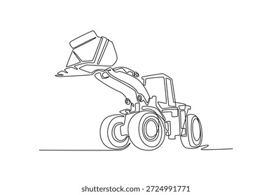 Cargadora de ruedas de dibujo continuo de una línea con su cuchara elevada, que muestra la potencia mecánica y el movimiento de fluidos de la maquinaria pesada de movimiento de tierras. Ilustración gráfica de Vector de diseño de línea única