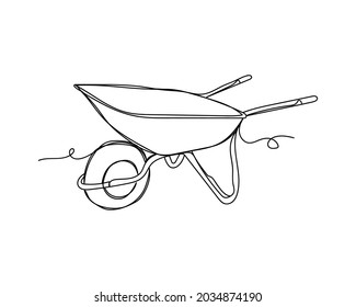 Continuous one line drawing of wheelbarrow icon in silhouette on a white background. Linear stylized.