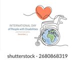 Continuous one line drawing of wheelchair with globe and heart. International Day of Persons with Disabilities December 3 design concept. Hand drawn one line vector. Editable stroke.