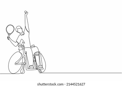 Continuous one line drawing wheelchair tennis sport.  athlete in wheelchair with racket. Active people. Man. Disability, social policy. Social support. Single line draw graphic design vector