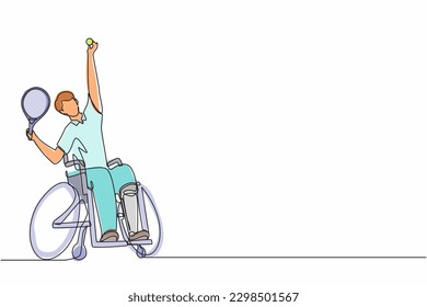 Continuous one line drawing wheelchair tennis sport.  athlete in wheelchair with racket. Active people. Man. Disability, social policy. Social support. Single line draw graphic design vector