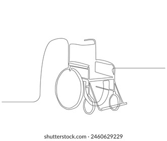 Dibujo continuo de una línea de silla de ruedas para personas discapacitadas . Una línea dibujando ilustración de silla de ruedas. Concepto de ayudas médicas arte de línea continua. Esquema editable.