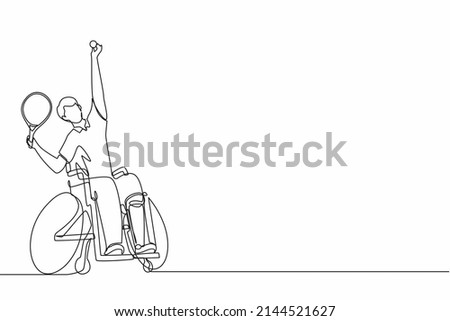 Continuous one line drawing wheelchair tennis sport.  athlete in wheelchair with racket. Active people. Man. Disability, social policy. Social support. Single line draw graphic design vector