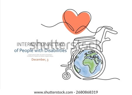 Continuous one line drawing of wheelchair with globe and heart. International Day of Persons with Disabilities December 3 design concept. Hand drawn one line vector. Editable stroke.