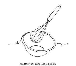 Continuous One Line Drawing Of Whisk And Bowl Icon In Silhouette On A White Background. Linear Stylized.Minimalist.