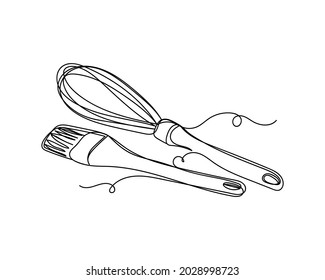 Continuous One Line Drawing Of Whisk For Mixing For Cooking Clipping Path Icon In Silhouette On A White Background. Linear Stylized.