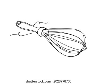 Continuous One Line Drawing Of Whisk For Mixing For Cooking Icon In Silhouette On A White Background. Linear Stylized.