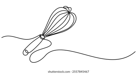 Continuous one line drawing whisk. Stock vector illustration, Whisk Kitchen Icon In Line Style, Recipe continuous line drawing with color shapes,  Single one line drawing Manual Mixer. Cooking. 