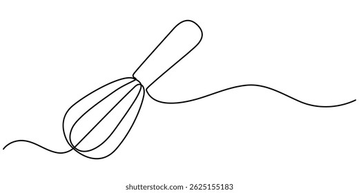  Continuous one line drawing whisk. Stock vector illustration, Whisk Kitchen Icon In Line Style, Recipe continuous line drawing with color shapes, Single one line drawing Manual Mixer, Cooking.
