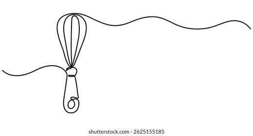  Continuous one line drawing whisk. Stock vector illustration, Whisk Kitchen Icon In Line Style, Recipe continuous line drawing with color shapes, Single one line drawing Manual Mixer, Cooking.