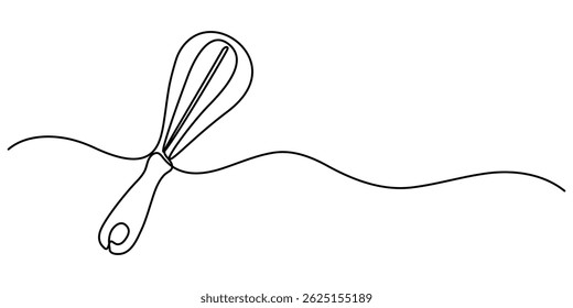  Continuous one line drawing whisk. Stock vector illustration, Whisk Kitchen Icon In Line Style, Recipe continuous line drawing with color shapes, Single one line drawing Manual Mixer, Cooking.