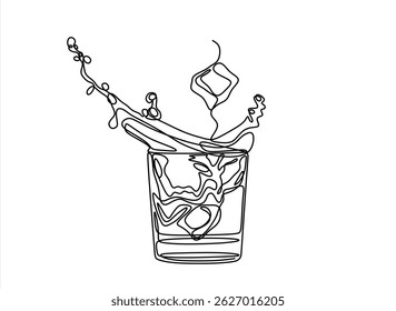 Continuous one line drawing of whiskey in glass with ice cubes. Bar and restaurant concept minimalist design for logo isolated on white background. Vector illustration.Editable stroke. 
