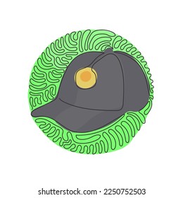 Continuous one line drawing White Baseball Cap as a sports symbol. Unisex Outdoor Sport Baseball, Golf, Tennis, Uniform Cap Hat. Swirl curl circle background style. Single line draw design vector