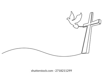 Dibujo continuo de una línea de la cruz de madera del pájaro blanco de la paloma. Ilustración de dibujo de una sola línea de una paloma vuela cerca de una cruz. Adoración de Dios en el Arte vectorial de concepto de fe. Ilustración de línea Doodle.