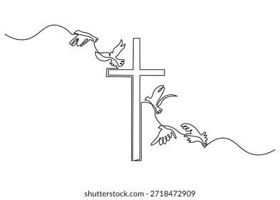 Dibujo continuo de una línea de la cruz de madera del pájaro blanco de la paloma. Ilustración de dibujo de una sola línea de una paloma vuela cerca de una cruz. Adoración de Dios en el Arte vectorial de concepto de fe. Ilustración de línea Doodle.