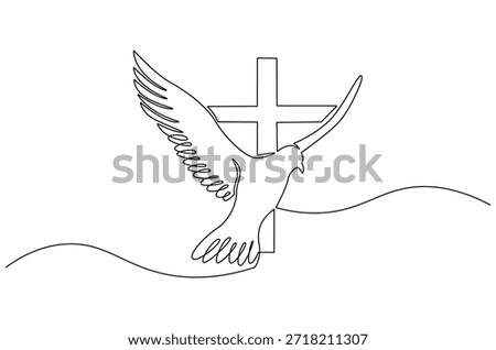 Continuous one line drawing of White dove bird wooden cross. Single line drawing illustration of A dove flies near a cross. God worship in faith concept vector art. Doodle line illustration.