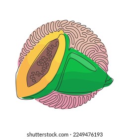 Dibujo continuo de una línea entera y fruta dulce de papaya en rodajas. Fruta de papaya madura con semillas. Aperitivo delicioso. Estilo de fondo del círculo de redondeo giratorio. ilustración vectorial de diseño de línea única