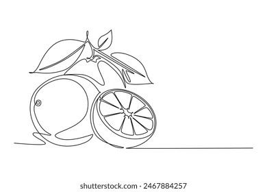 Continuous one line drawing of whole and sliced healthy organic orange for orchard logo identity. Fresh tropical fruitage concept fruit garden icon. Single line draw design vector graphic illustration