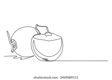 Continuous one line drawing whole and half sliced healthy organic coconut for orchard logo identity. Fresh fruitage concept for fruit garden icon. Single line draw design vector graphic illustration