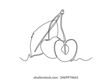 Continuous one line drawing whole and sliced healthy sweet organic cherries for orchard logo identity. Fresh fruitage concept for fruit garden icon. Single line draw design vector graphic illustration