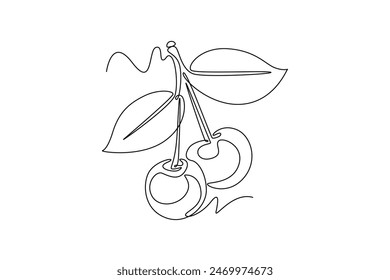 Continuous one line drawing whole healthy organic sweet freshness cherries for orchard logo identity. Fresh fruitage concept for fruit garden icon. Single line draw design vector graphic illustration