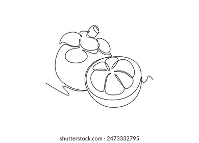 Continuous one line drawing whole and half sliced healthy sweet organic mangosteen for orchard logo identity. Fresh concept for fruit garden icon. Single line draw design vector graphic illustration