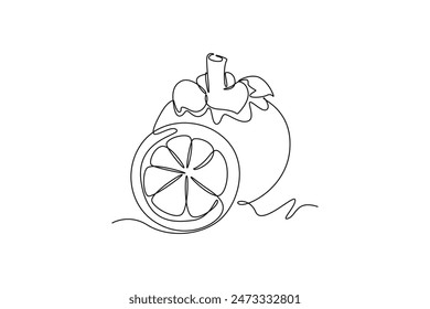 Mangostino orgánico sano de corte entero y medio para la identidad del logotipo del huerto. Concepto de fruta fresca para el icono de jardín de frutas. Ilustración gráfica de Vector de diseño de línea simple