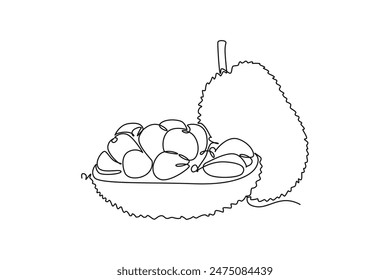 Continuous one line drawing whole and peeled healthy organic jackfruit for orchard logo identity. Fresh exotic fruitage concept fruit garden icon. Single line draw design vector graphic illustration