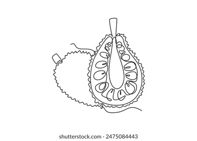 Una línea continua dibujando jackfruit orgánico entero y pelado para la identidad del logotipo del huerto. Concepto de fruta exótica fresca icono de jardín de frutas. Ilustración gráfica de Vector de diseño de línea simple